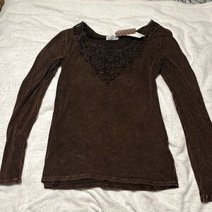 Dexter Brown Ribbed Long-Sleeve Top with Crochet V-Neck